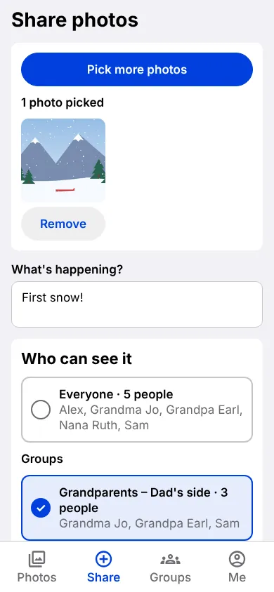Share screen: a picked photo, a caption, and the group that will see it