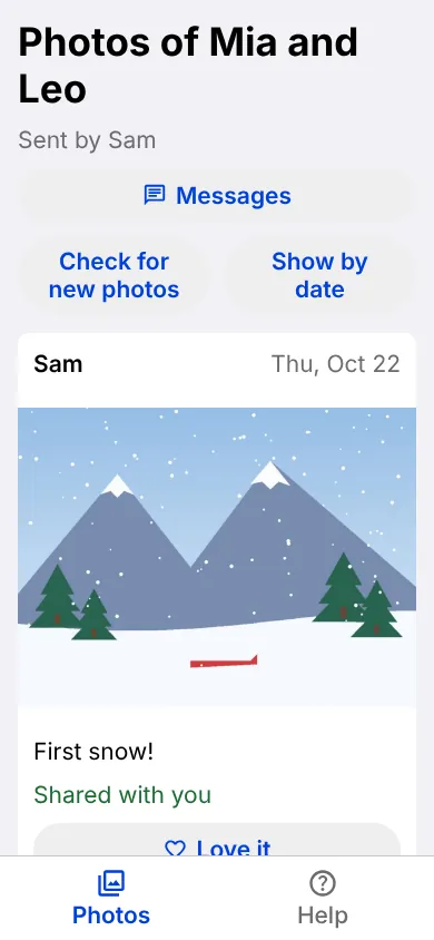 Photos as a grandparent: bigger text, only what was shared with her