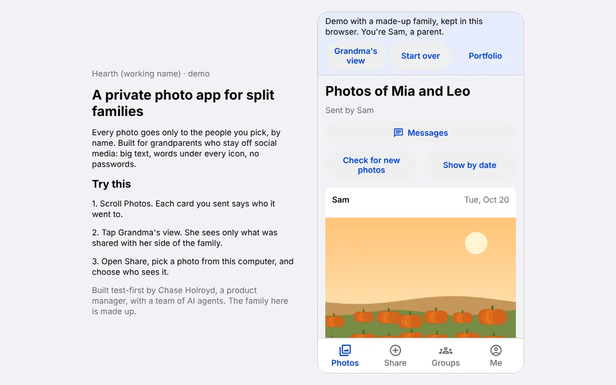 The demo on a laptop: the app beside a short guide