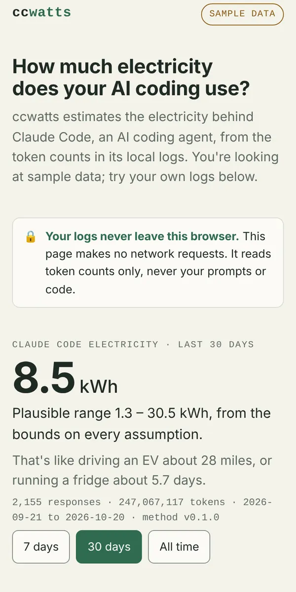 The ccwatts playground on a phone, sample data: 8.5 kWh over 30 days, with a plausible range of 1.3 to 30.5 kWh.