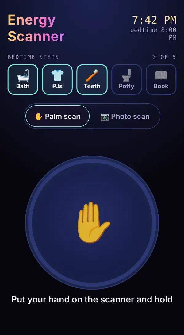 Energy Scanner on a phone at 7:42 PM: three of five bedtime steps done (bath, PJs, teeth) and the palm scanner ready.
