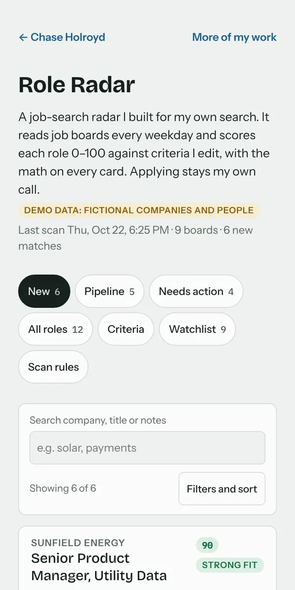 Role Radar on a phone, sample data: the New tab with a Senior Product Manager role scored 90, Strong, with the reason it fits.